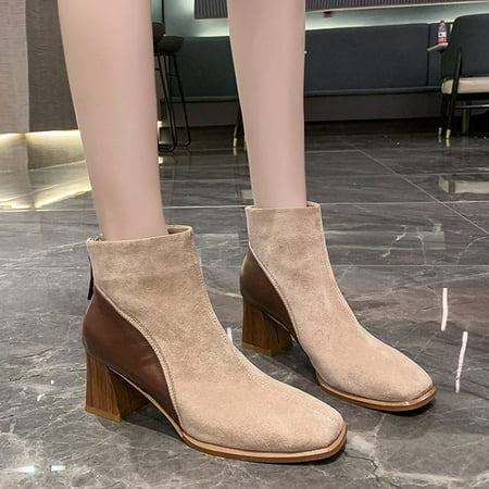 

KEUSN Fashion Women Flock Solid Color Autumn Thick Sole Square Heels Zipper Short Booties Square Toe Shoes