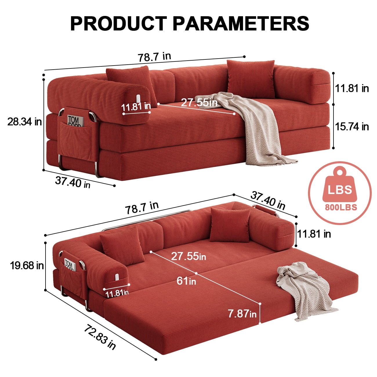 79" Convertible Sofa Bed ,CARZZI LIFE Compressed Floor Boneless Couch Modular Corduroy Sleeper Sofa, Folding Mattress Couch for Small Spaces - No Assembly Needed in Orange with Storge