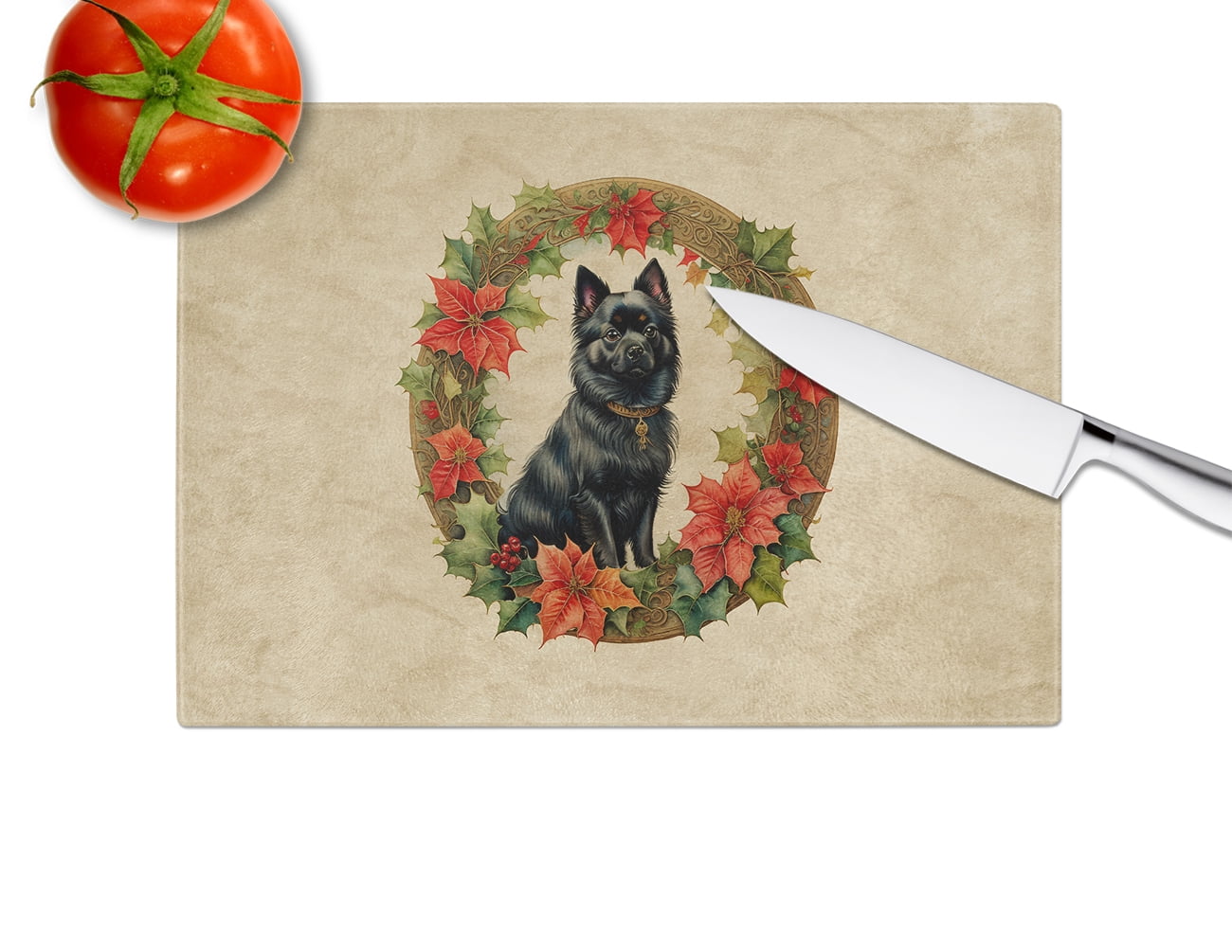 German Spitz Christmas Flowers Glass Cutting Board 12 in x 15 in