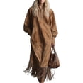 thumbnail image 6 of Women Western Brown Faux Suede Maxi Dress Half Zip Stand Collar Fringe Hem Cowgirl Long Dress with Side Pockets, 6 of 6