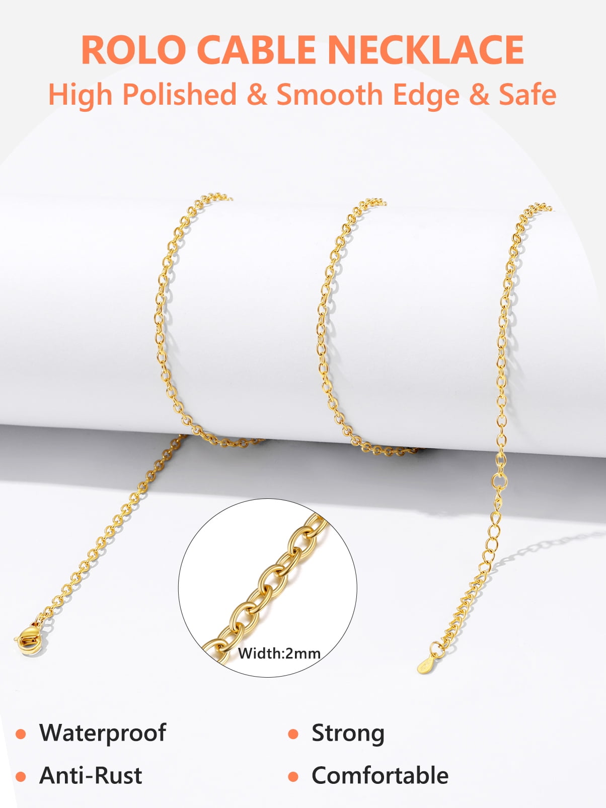 Silvora 14K Gold Plated Chain Necklace for Women Men, 2mm Stainless Steel Necklace for Pendant Gift Jewelry, 30 Inches