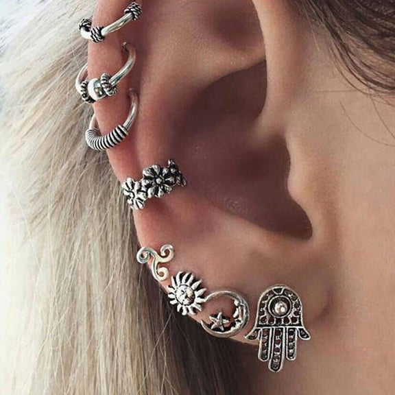 SmartBy Earrings Boho Style Vintage Alloy Sun Moon Shape Design Ear Studs Clip for Women