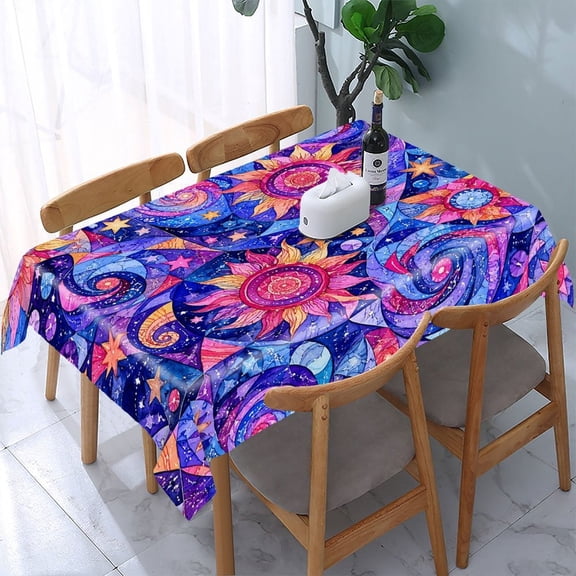 RKSupls Neon Galaxy Feather Pattern Rectangle Dining Tablecloth, Washable Wipeable Stain & Wrinkle Resistant Polyester Tablecloth for Kitchen Picnic Party