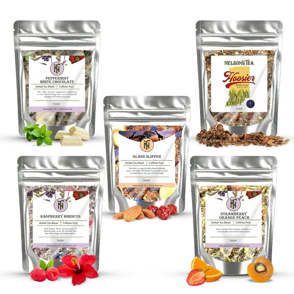 Nelson's Tea - Caffeine Free Tea Sampler - Peppermint White Chocolate CF, Glass Slipper, Hoosier Kettle Corn, Raspberry hibiscus, Strawberry Orange Peach (Sample Sizes)