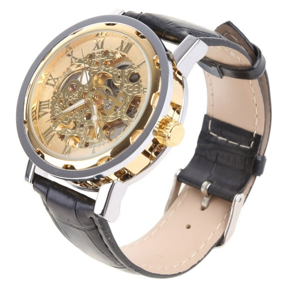 Mens Classic Black1eatherGold Dial Skeleton Mechanical Army Sport Wrist Watch