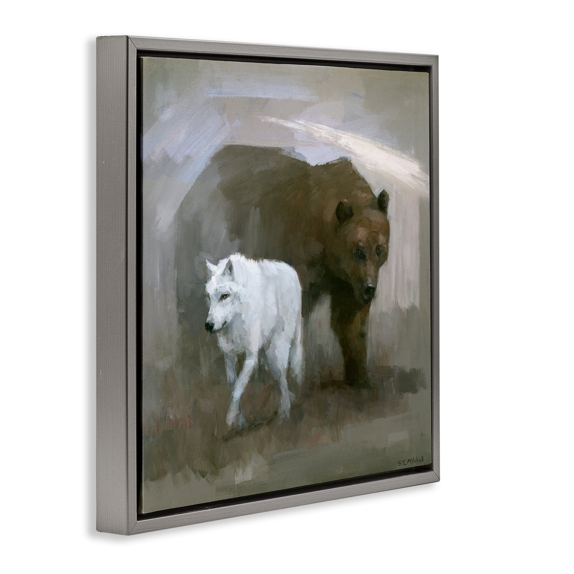 Stupell Industries Wolf & Bear Impression Animals Painting Gray Floater Framed Canvas Art Print Wall Art, 18 x 18