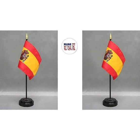 Made in The USA. 2 Spain Rayon 4"x6" Miniature Office Desk & Little Hand Waving Table Flags Includes 2 Flag Stands & 2 Small Mini Spanish Stick Flags