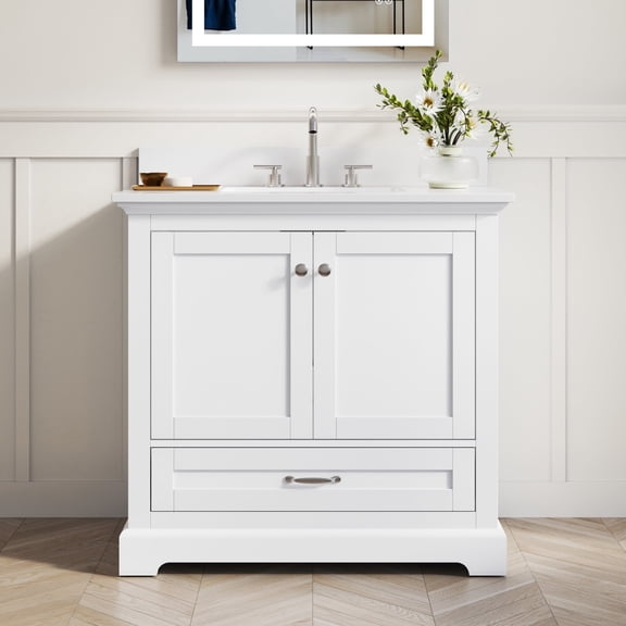 ANGELES HOME 36" White Bathroom Vanity with Cultured Marble Top and cUPC Undermount Basin, Solid Wood, 2 Soft Close Doors and Drawer, Brushed Nickel Hardware, Freestanding