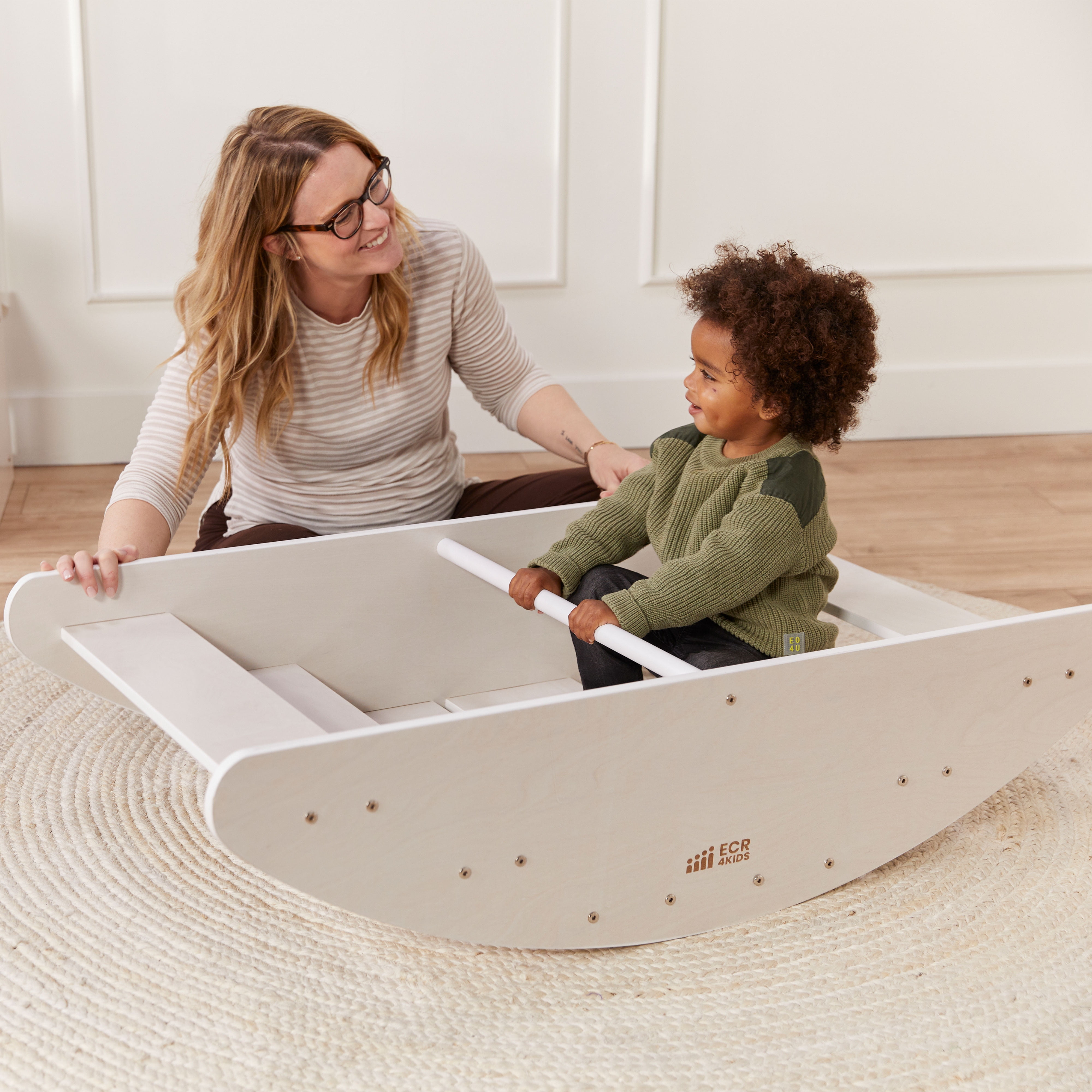 ECR4Kids Wooden Rocking Boat and Steps Play Center, Montessori Furniture, White Wash