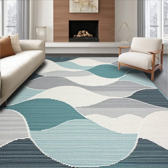 ODIKA 4'x6' Machine Washable Non-Slip Area Rug, Textured Wave Design Floor Covering High Traffic Rug, Teal, 260342