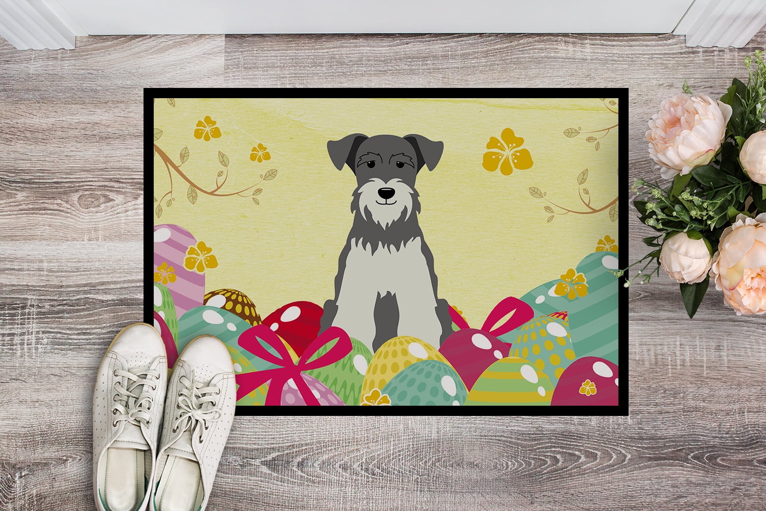 Carolines Treasures BB6054JMAT 24 x 36 in. Easter Eggs Miniature Schanuzer Salt & Pepper Indoor or Outdoor Mat