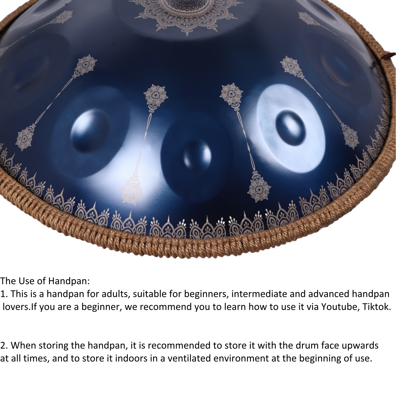 440HZ Tambourine Drum in D Minor 22Inch Blue 10 Notes Mandala Handpan Drum with Soft Hand Pan Bag