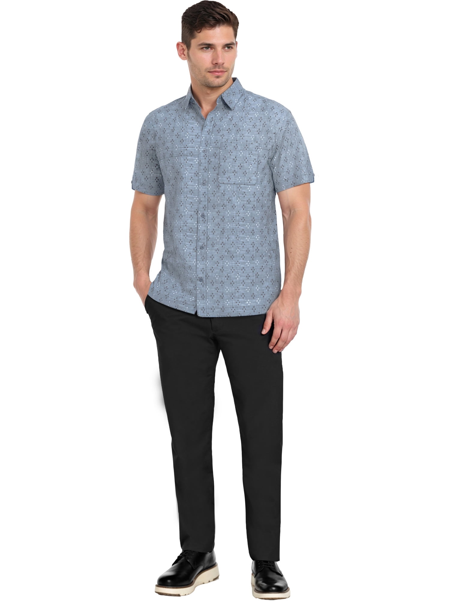 Café Luna Men's and Big Men's Printed Geo Crosshatch With pocket Short Sleeve Woven Shirt, Sizes S-4X