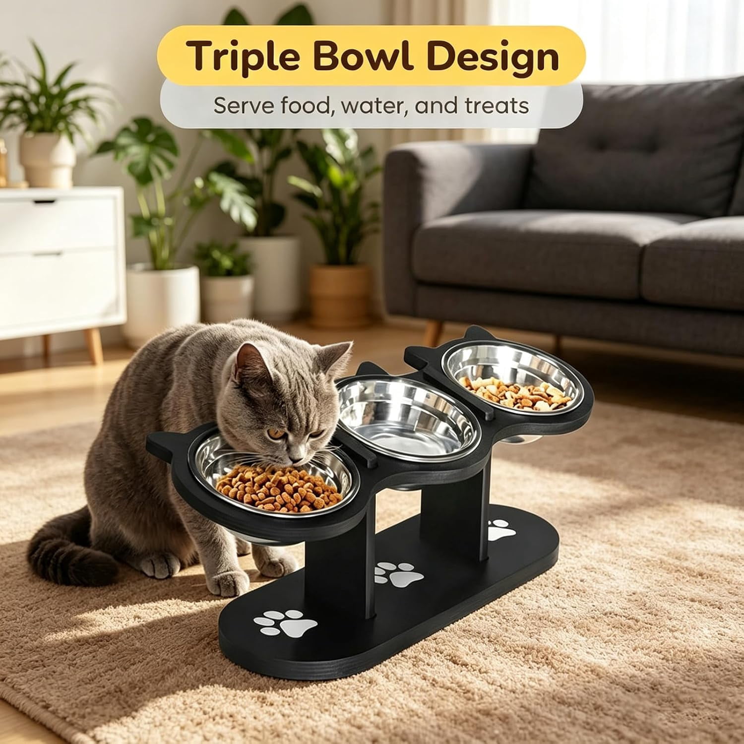Anti-Slip Elevated 3-Bowl Pet Feeder Set, Raised Cat and Small Dog Food Water Bowls with Stand, No Spill Multi-Pet Feeding Station Water Bowl for Wet Dry Kibble, Neck Strain Relief (White)