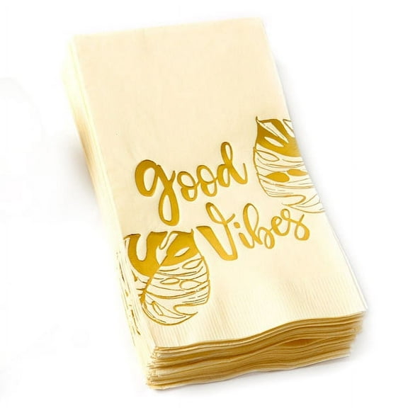 ForYourParty.com Good Vibes Paper Guest Towels - Ivory and Gold