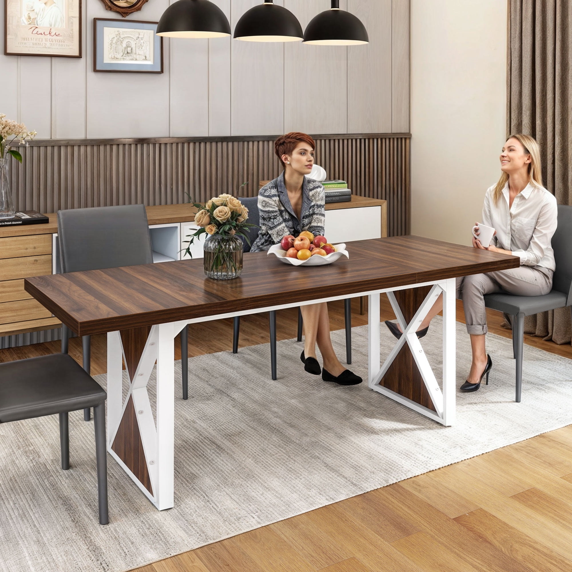 Dextrus 70" Dining Table for 6-8 People, Large Rectangular Wood Kitchen Table Farmhouse Dinner Table with Metal Legs for Dining Room, Kitchen, Brown & White