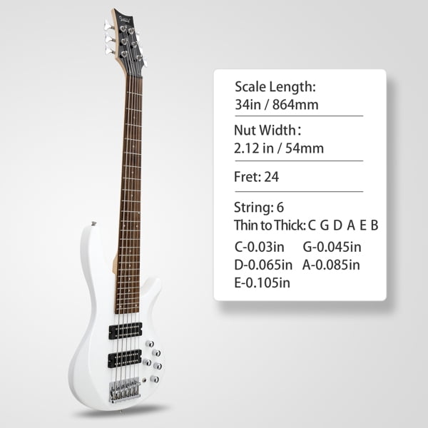 44 Inch GIB 6 String H-H Pickup Laurel Wood Fingerboard Bass Guitar with Bag and other Accessories White