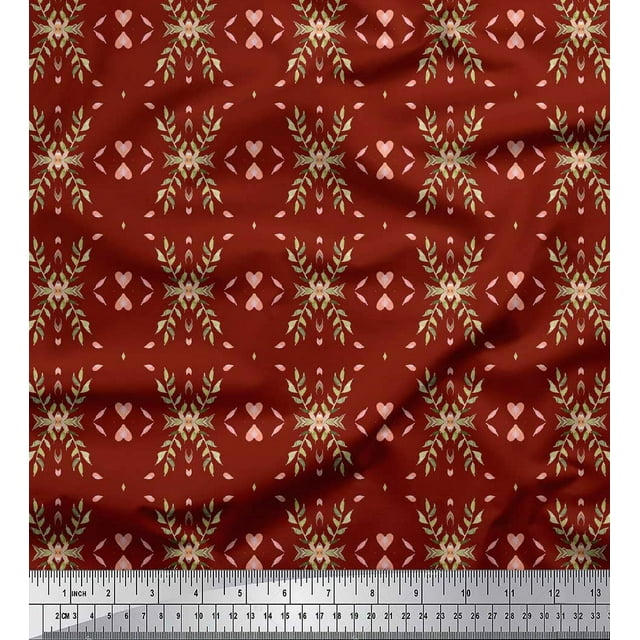 Soimoi Red Poly Georgette Fabric Heart Leaves Decor Fabric Printed Yard 52 Inch Wide