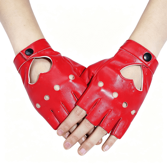 TELOLY Punk Fingerless Dance Glove for Women, Jazz Style Glove, Pu Leather Red Gloves