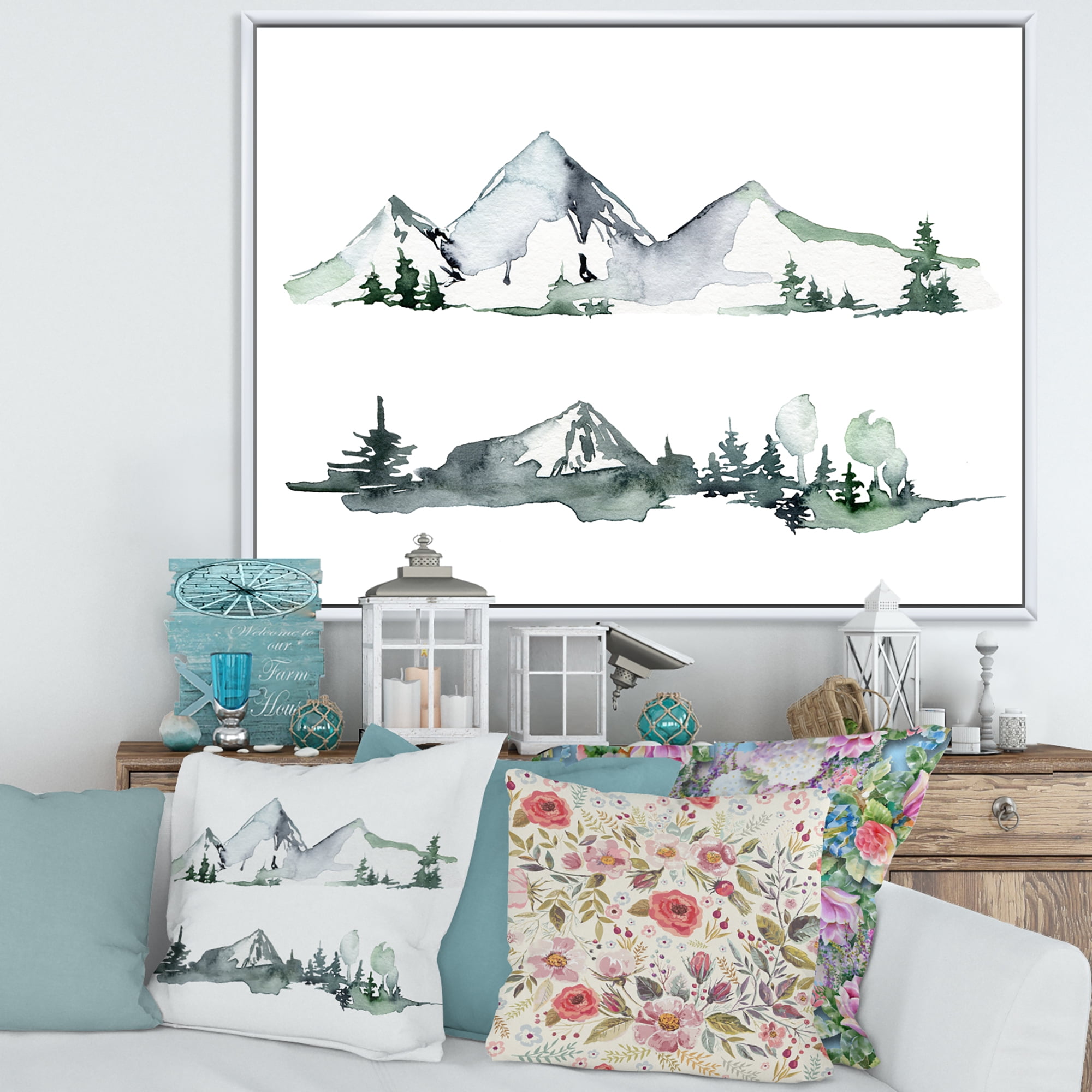 Designart 'Trees With Winter Dark Blue Mountain Landscape II' Modern Framed Canvas Wall Art Print