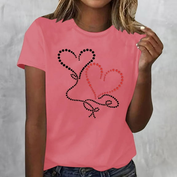 Sakmal Short Sleeve Ladies Tops Under $10 Pink Love Heart Crew Neck T-Shirts Womens T Shirts