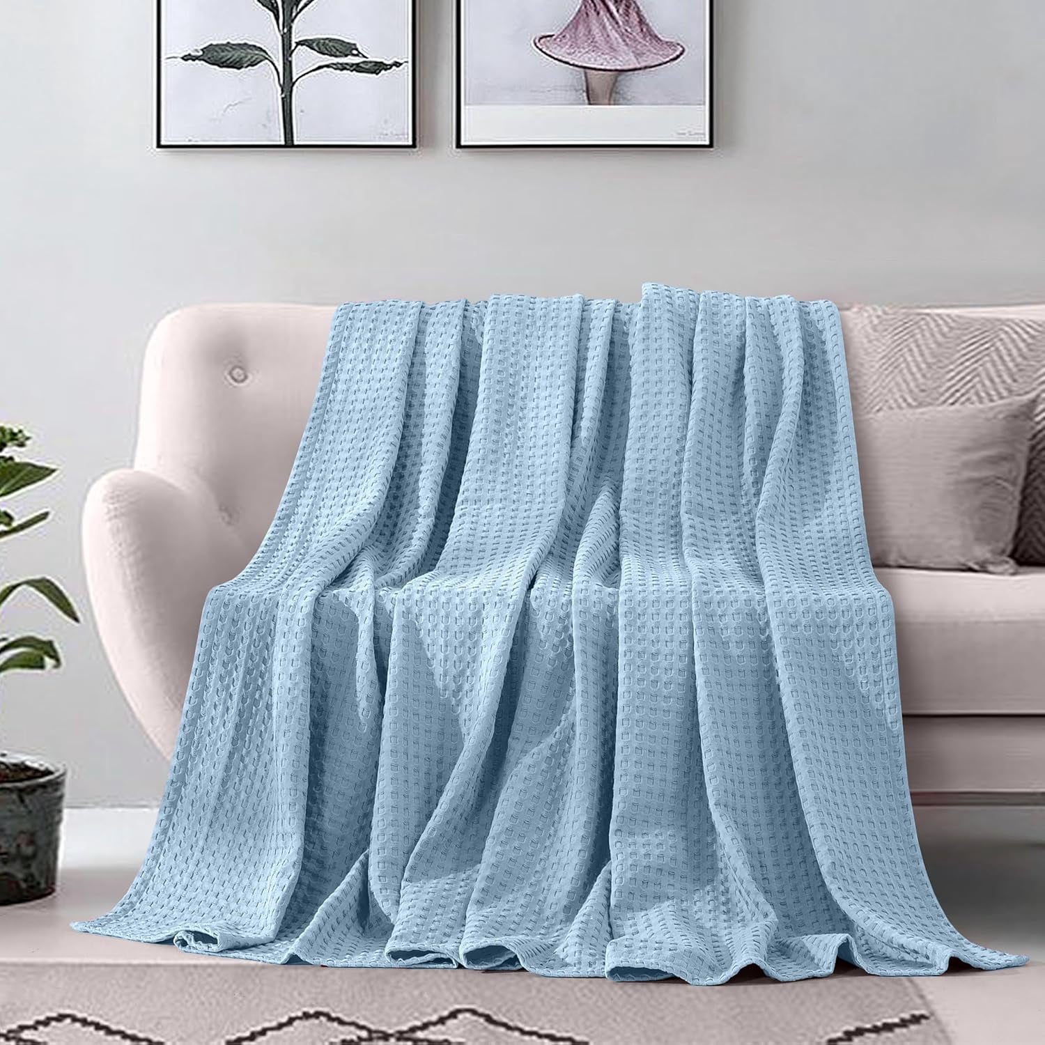Elegant Comfort Cotton Waffle Blanket, Lightweight All-Season Bed Blanket,TwinXL Size 68x90 Inches, Light Blue