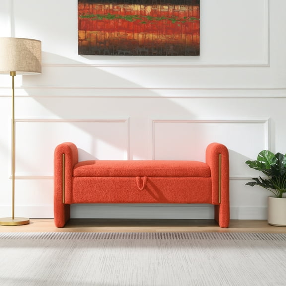 Modern Ottoman Bed End Bench with Arms and Storage, Upholstered Storage Bench Footrest, Entryway Bench for Living Room, Bedroom, Dorm, Orange