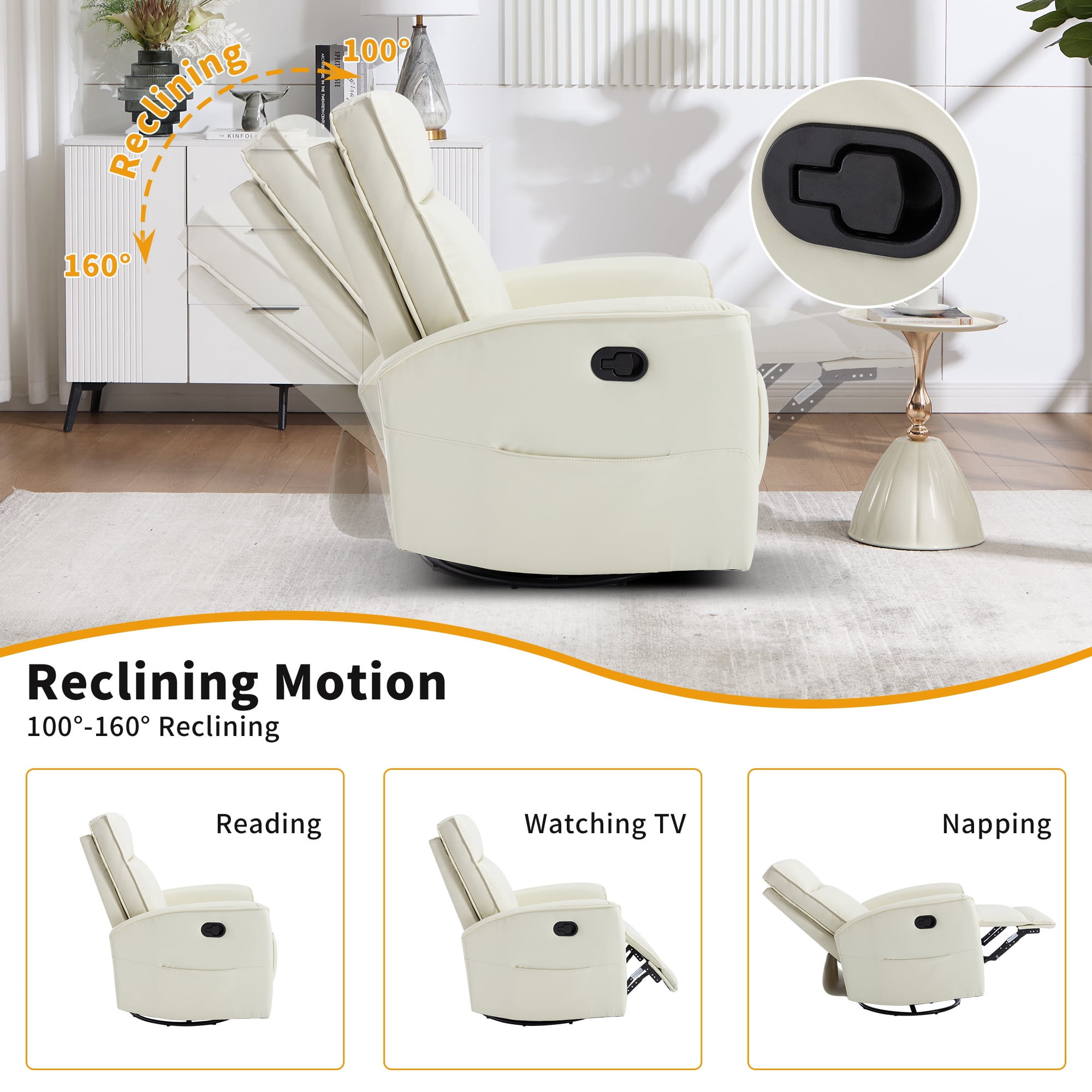 Ebello Manual PU Leather Swivel Rocker Recliner, Nursery Glider Chair with Padded Armrests & Backrest for Apartment, Living Room and Bedroom, White
