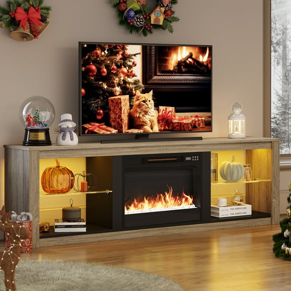 Bestier Modern Electric Fireplace TV Stand for TVs up to 75" with LED Light, Wash Grey