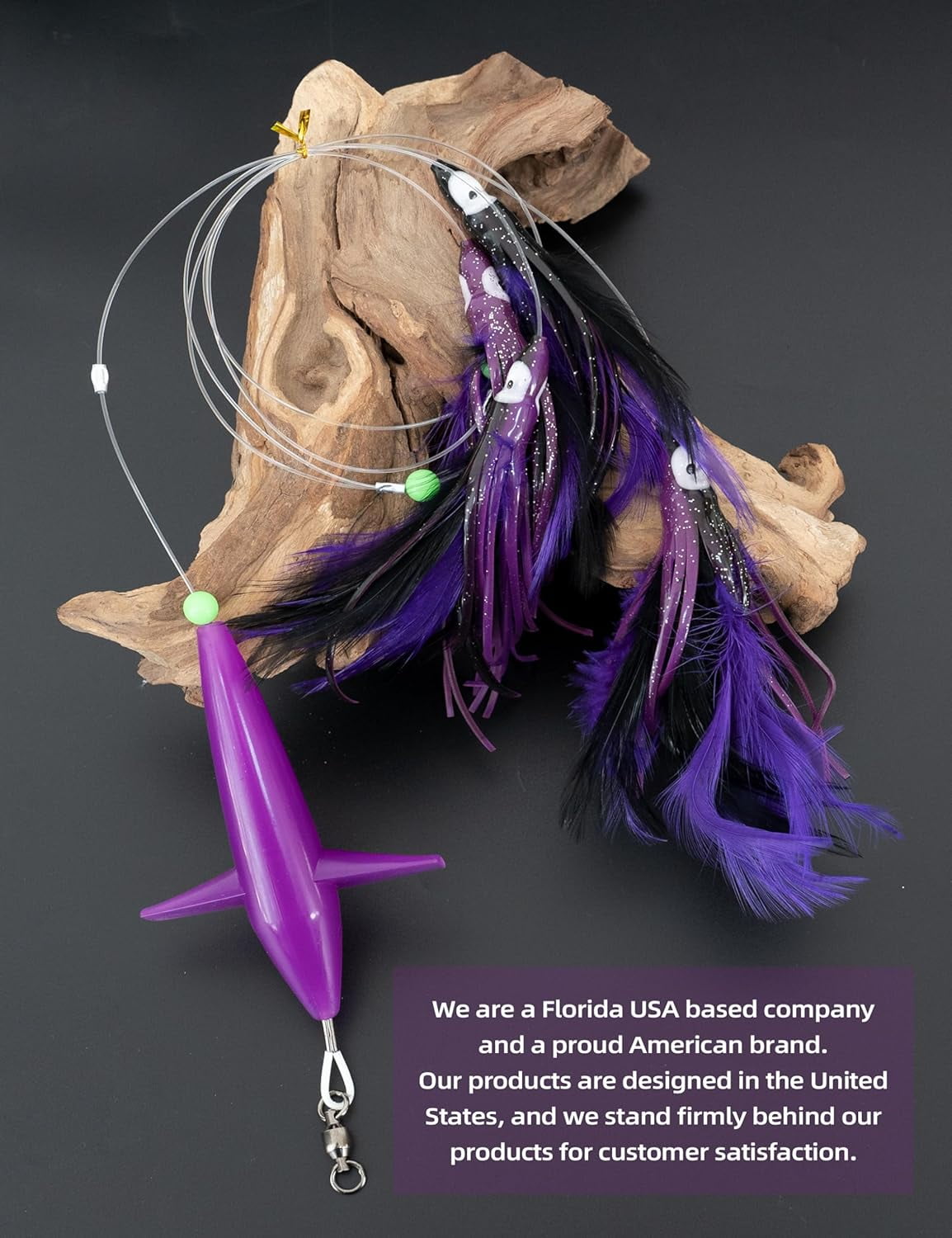 BLUEWING Tuna Feather Daisy Chain Squid Chain Fishing Teaser Lure with 4in Feathered Trolling Squids and Stainless Steel Trolling Hook Big Game Trolling Lure for Tuna Mahi Wahoo Marlin, Black/Purple