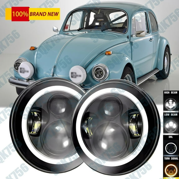 For 1967-1979 VW Beetle 7" INCH LED Headlight High Low Sealed Beam Halo Ring DRL