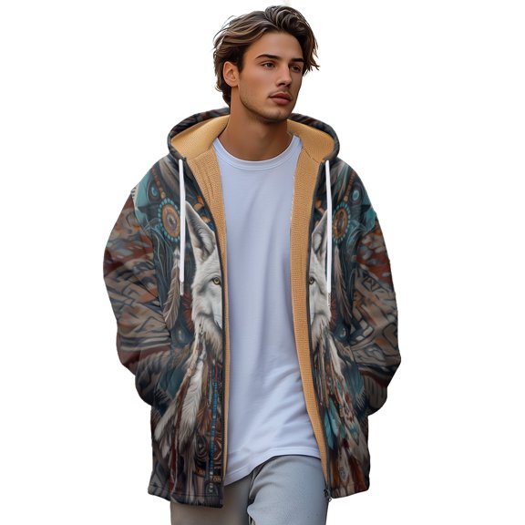 Winter Zipped Padded Sweatshirt Wolf Print Hoodie Everyday Cardigan Jacket