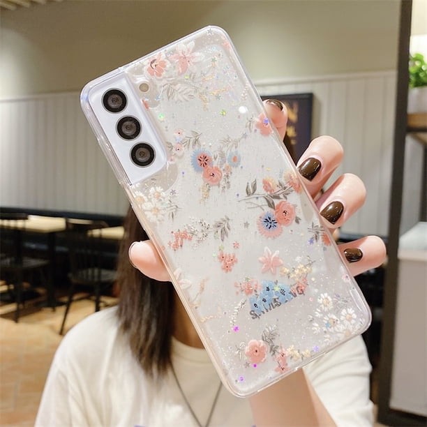 Funda de teléfono con flores de dibujos animados transparente con purpurina para Samsung S23 Ultra S22 S21 S20 Plus FE Note 20 A53 A73 A13 A33 A52 A72 A71, funda blanda Tan Jianjun unisex