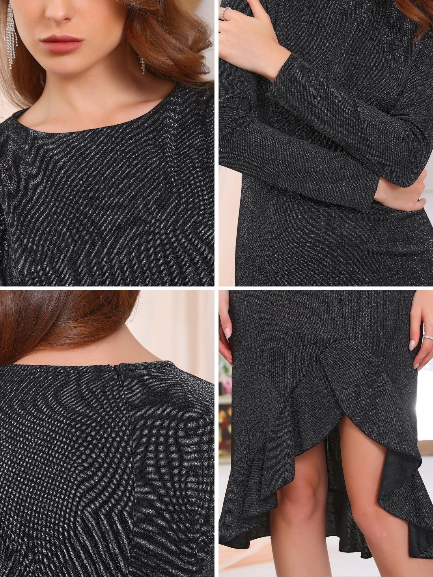 DARING DIVA Long Sleeve Glitter Sparkle High Low Split Ruffles Dress S Black