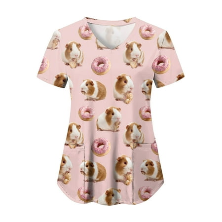 felwors Scrubs for Women Animal Print Tops Short Sleeve Cartoon Pattern V Neck Stretchy Nursing Uniform with Pockets (Light Pink M)