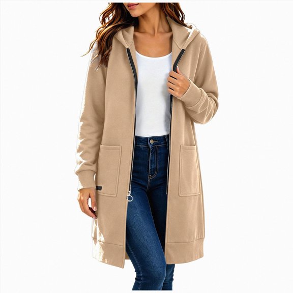felwors Women's Long Sleeve Longline Zip-Up French Terry Hoodie Oversized Tunic Sweatshirt for Fall Casual Khaki for Size XXXXL