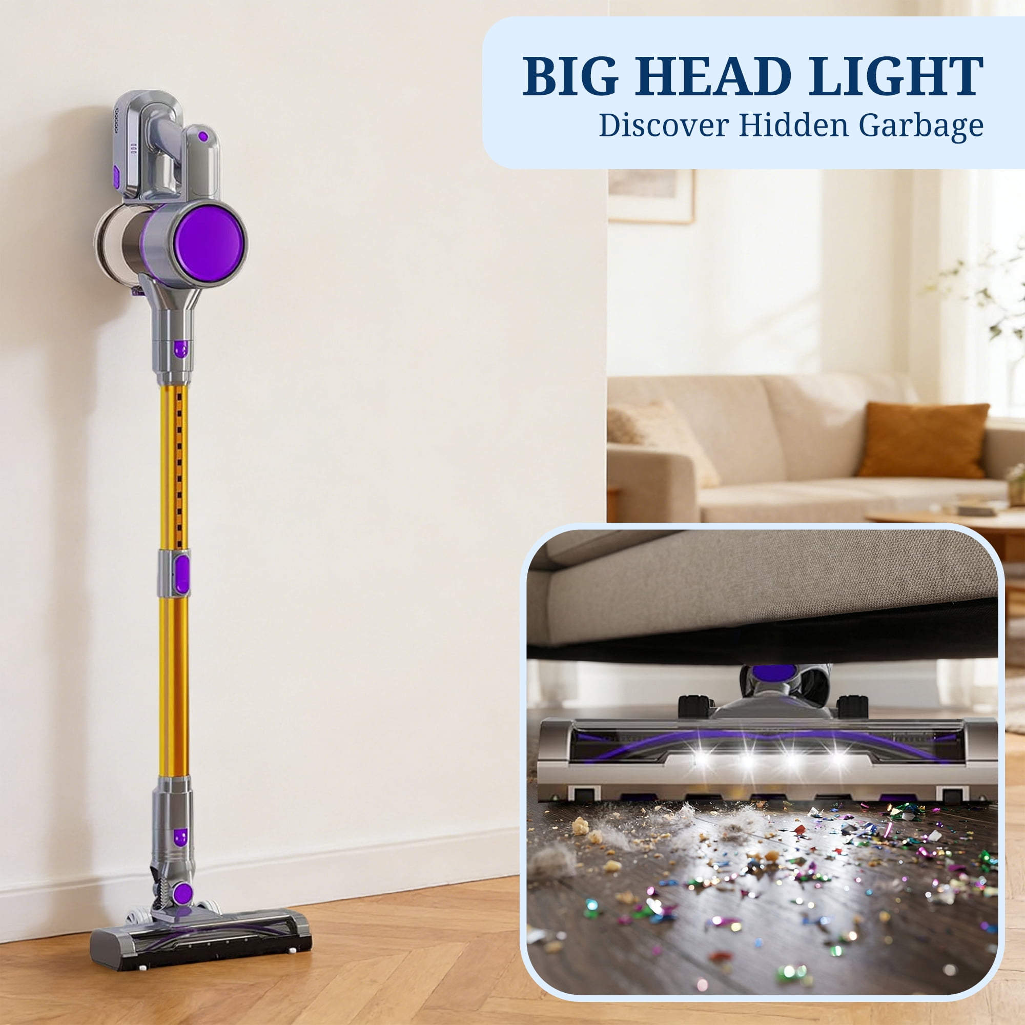 Atilioo Cordless Vacuum Cleaner for Home, Removable Handheld Lightweight Stick Vacuum with LED Headlights for Pet Hair, Hard Floor, Carpet, Yellow