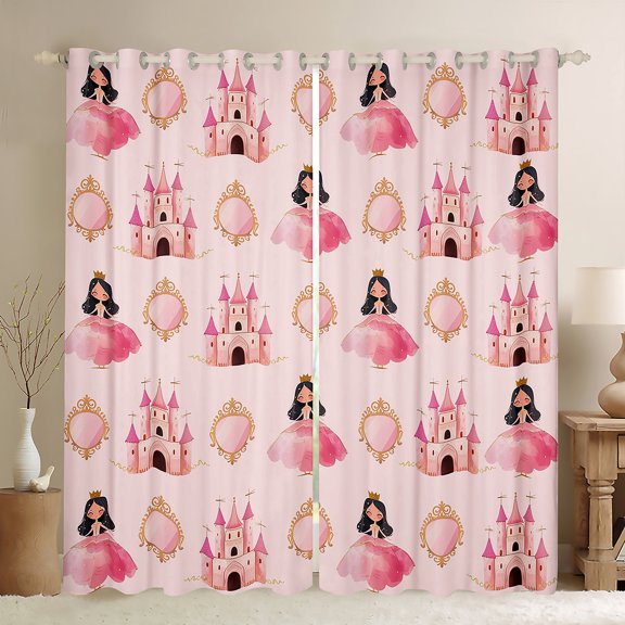 Manfei Cartoon Girls Black Out Curtains,Pink Princess Castle Curtains Pack of 2 (42x63 Each),Fairy Tale Theme Bedroom Curtains For Kids,Microfiber Bedroom Decor