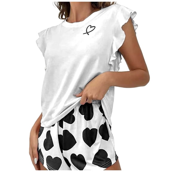 DHFJKG Pajamas For Women Set Ruffle Sleeveless Shorts Set Valentine's Day Heart Printed Soft Sleepwear 2 Piece Set Relaxed Fit Home Clothes