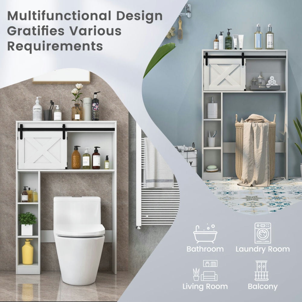 Finihen Toilet Storage Cabinet, Bathroom Cabinet Organizer, 4-Tier Over The Toilet Storage Cabinet with Sliding Barn Door and Storage Shelves, for Bathroom, White