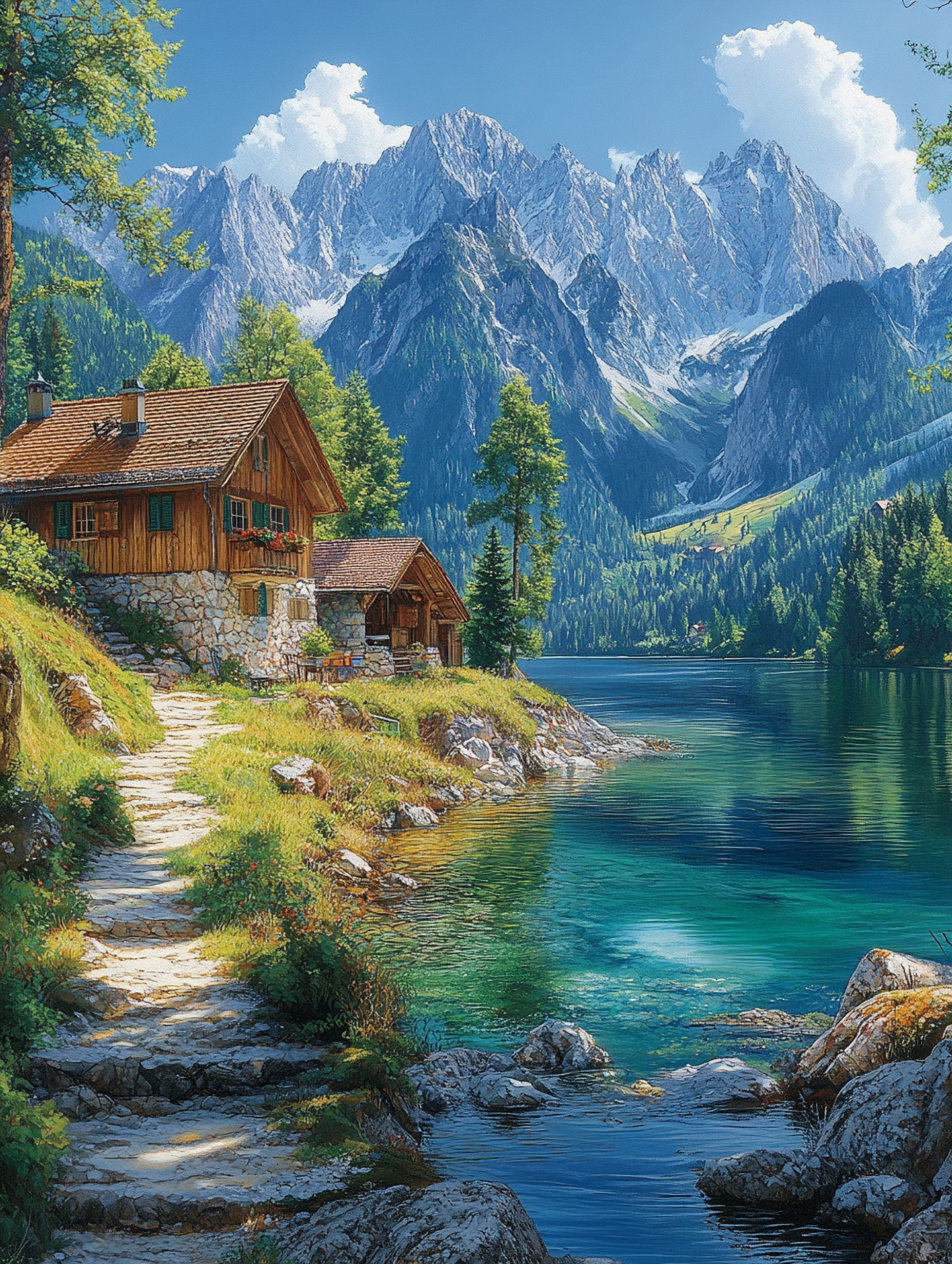 COMIO Arjun Lake Canvas Wall Art Blue Mountain Sky Nature Landscape Boat  Picture Artwork Modern Scenic Painting Framed Large Size for Living Room  Bedroom Bathroom Dinning Room Home Office Wall Decor -, image size:1856x2464