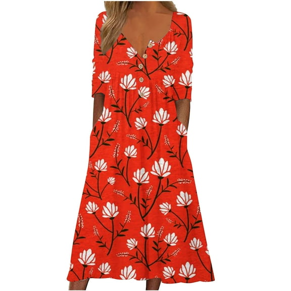 Women's Fall Dresses 2022 Button up V-Neck Loose Long Sleeve Dress Casual Christmas Print Cocktail Dresses with Pockets