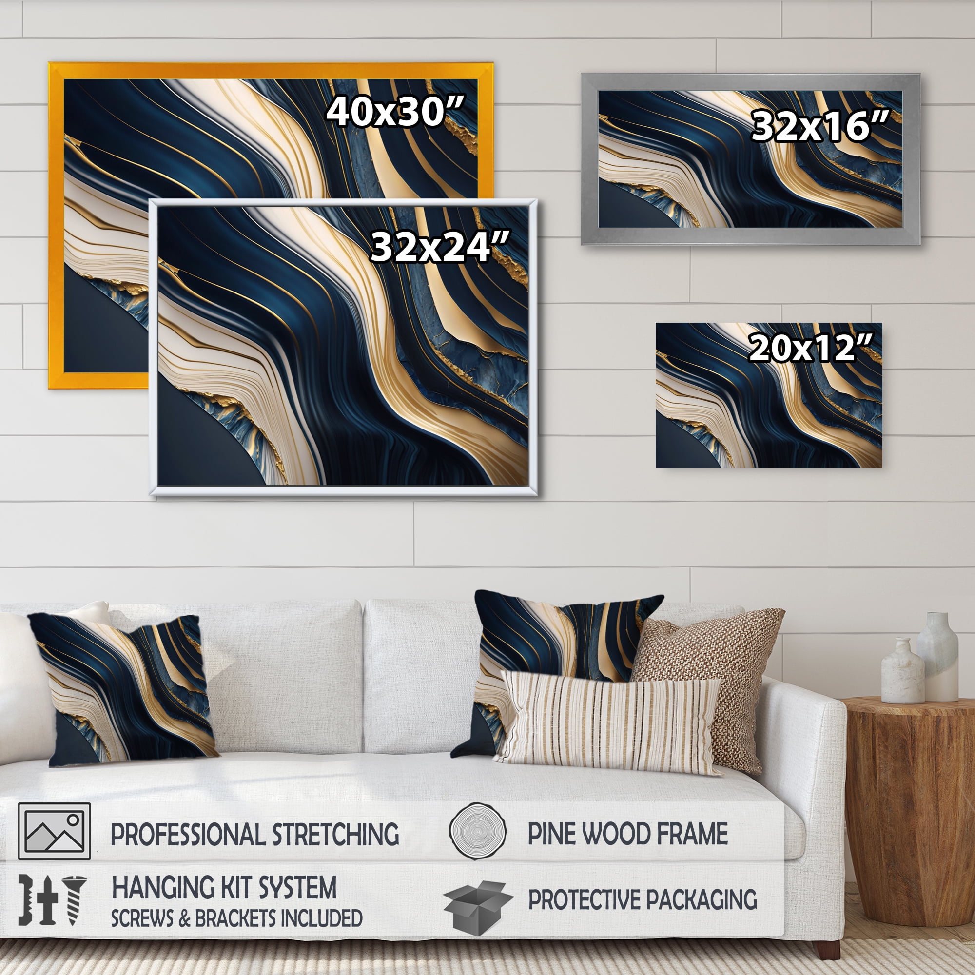 Designart Abstract Geode Waves Blue And Gold II Canvas Wall Art
