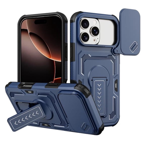 Rugged Phone Case for iPhone 16 Pro, Military Grade Shockproof Cover with Sliding Camera Lens Protector, 2-Way Kickstand, Anti-Slip, Heavy Duty Full-Body Drop Protection,Blue,For iPhone 16 Pro