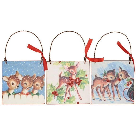 Primitives By Kathy 3.00In Christmas Deer Ornament Set, Wood, Vintage-Inspired 118103