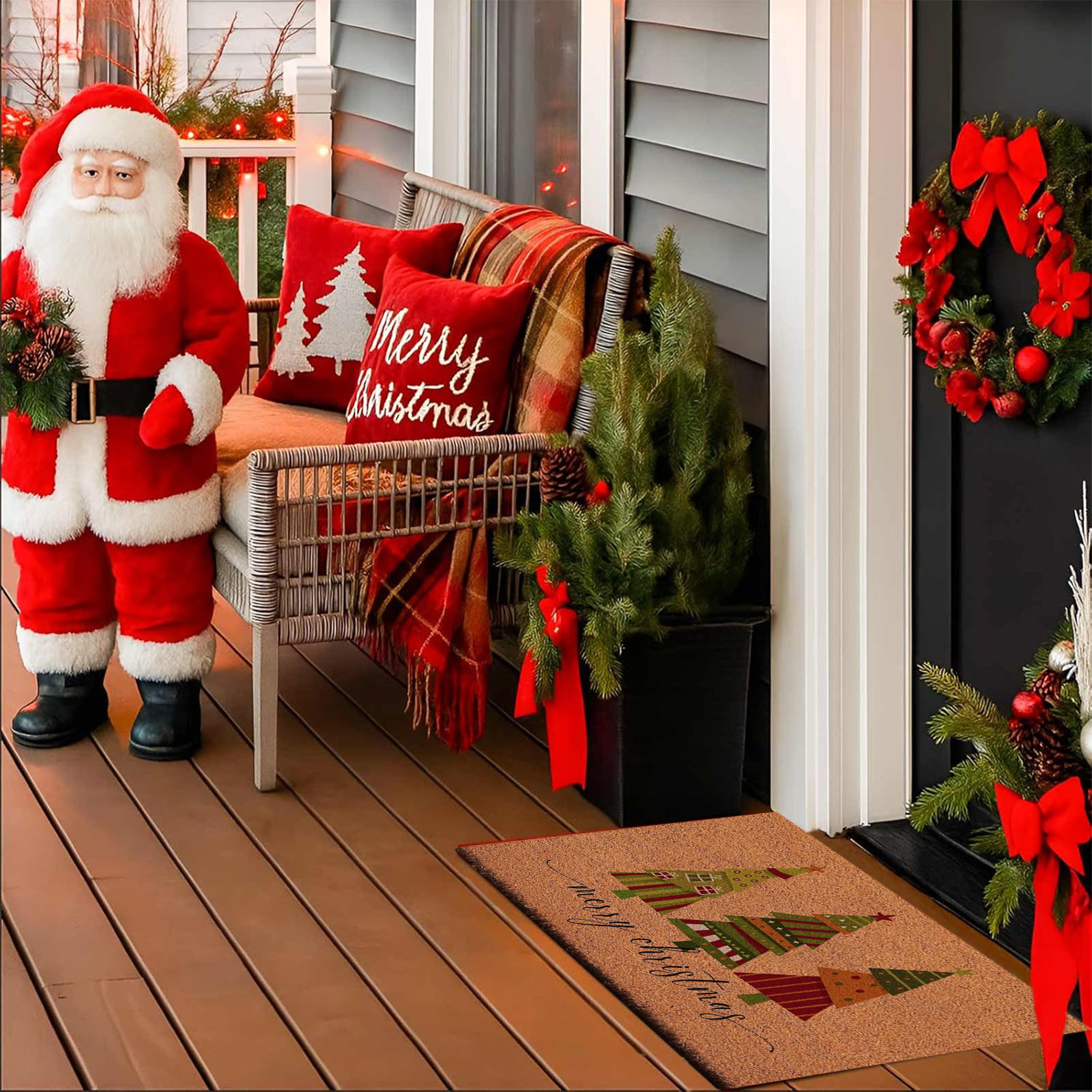 Christmas Welcome Natural Coir Door Mat, Forest Christmas Tree Front Door Outdoor Doormat Outside Entrance Porch Non Slip Rubber Rug Winter Xmas Farmhouse Decor 24*35in M-B
