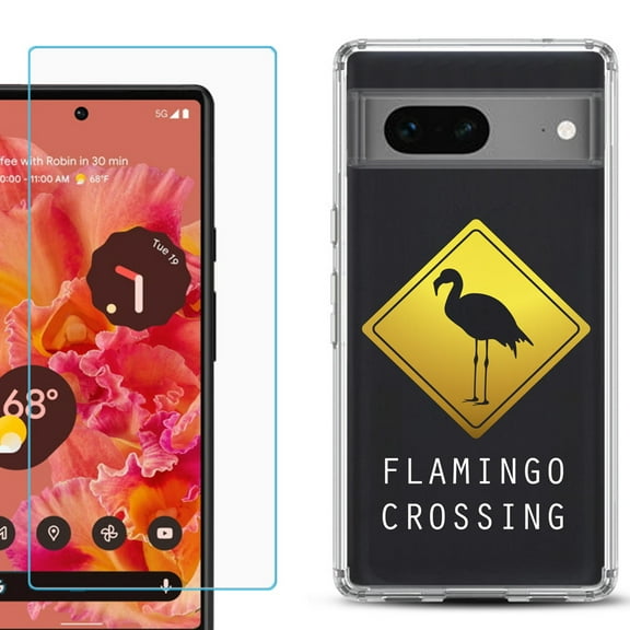 Slim-Fit Gel TPU Phone Case for Google Pixel 7, with Tempered Glass Screen Protector, by OneToughShield ® - Flamingo