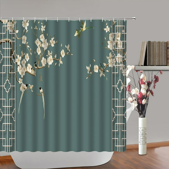 Flowers Birds Shower Curtain Crane Spring Floral Cherry Peony Vintage Tree Branch Chinese
