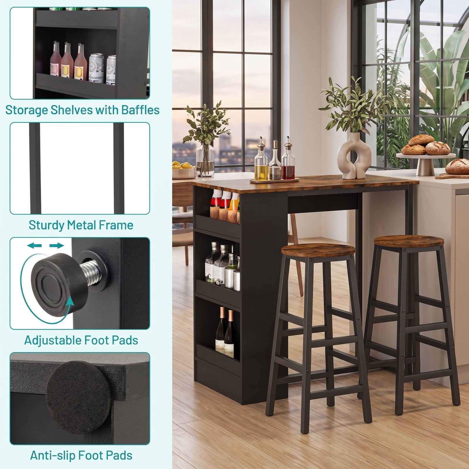Furnibear 3-Piece Bar Table Set with Storage Shelf, Industrial Counter Height Pub Dining Table and 2 Stools for Kitchen Dining Room Restaurant, Space-Saving Bar, Brown