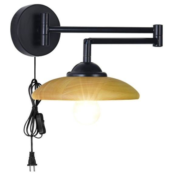 Kiven Plug in Wall Lamp, Vintage Style Wall Sconce with 5.9ft Plug-in Cord, On/Off Switch, E26 Socket 1-Light Wooden Wall Lights Fixtures for Bedside Reading